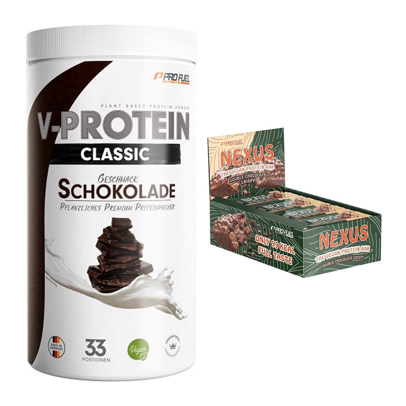Schokolade Geschmacks-Duo: ProFuel VEGAN + 2× ProFuel Nexus – alle enthaltenen Artikel