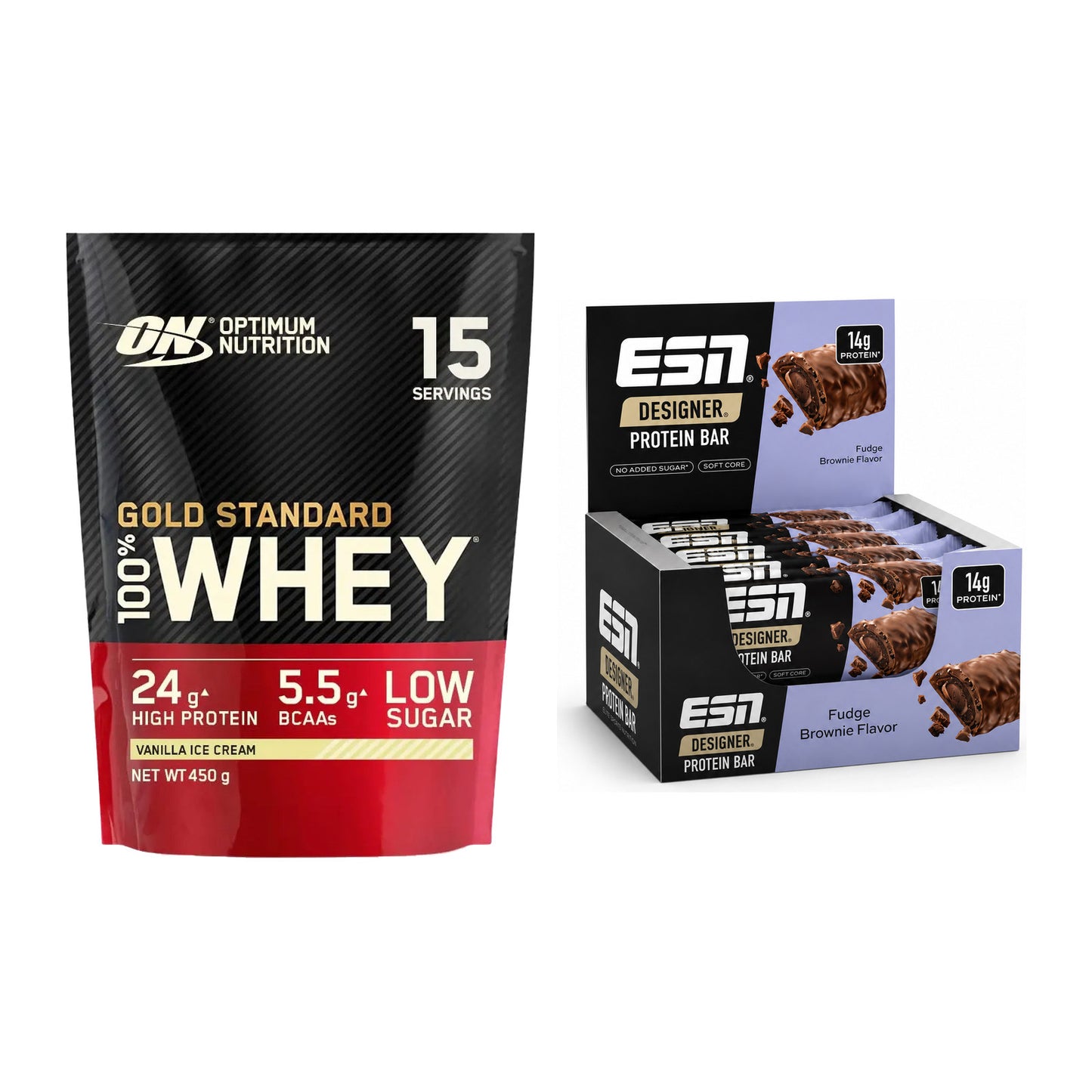 Schokolade Geschmacks-Duo: ON Whey Gold Standard + 2× ESN Designer Bar – alle enthaltenen Artikel