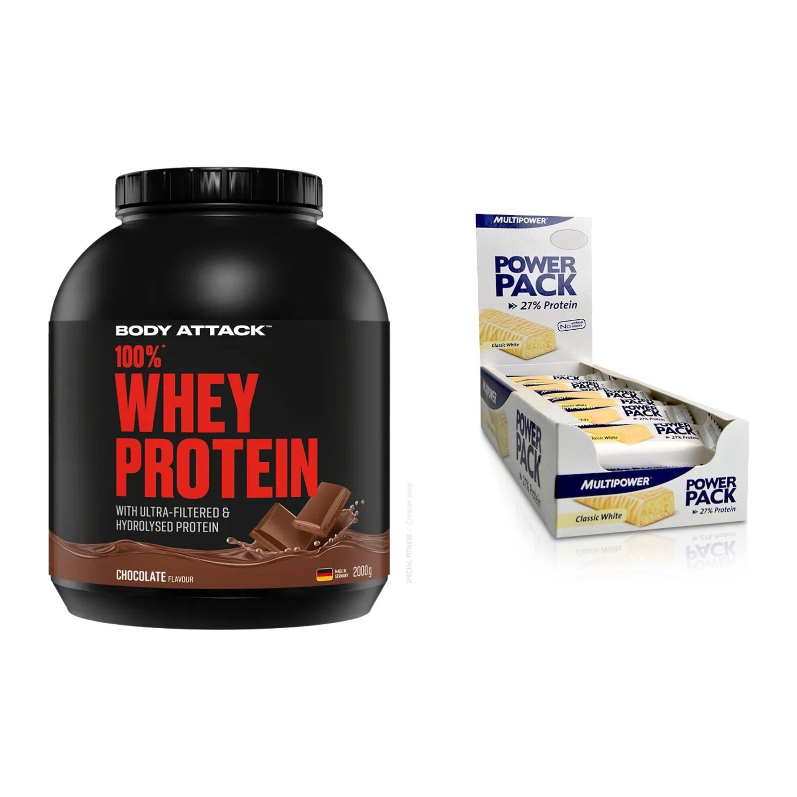 Schokolade Geschmacks-Duo: Body Attack 100% + 2× Multipower Power – alle enthaltenen Artikel
