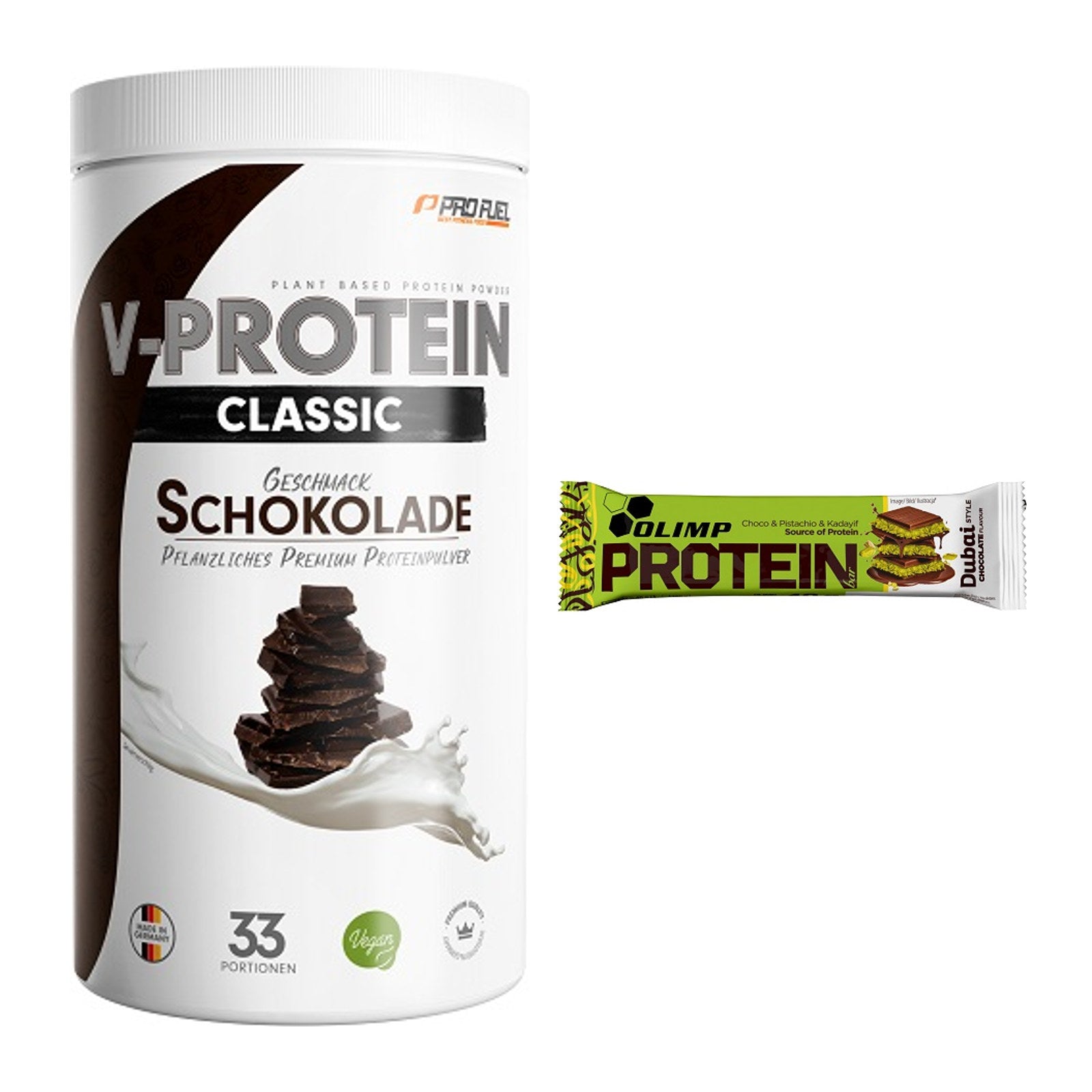 Schokolade Geschmacks-Duo: ProFuel VEGAN + 2× Olimp Protein Bar – alle enthaltenen Artikel
