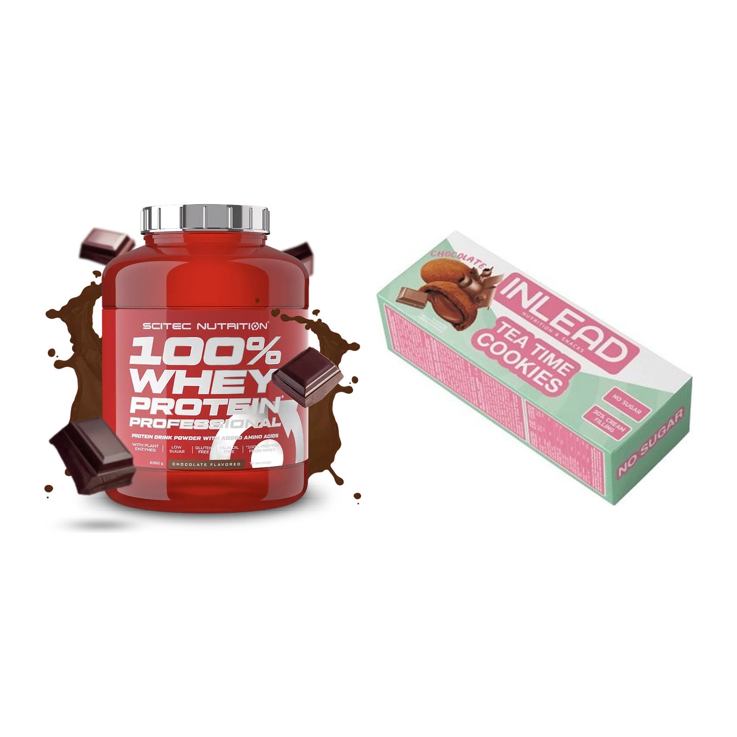 Schokolade Geschmacks-Duo: Scitec 100% Whey + 2× INLEAD Tea Time – alle enthaltenen Artikel