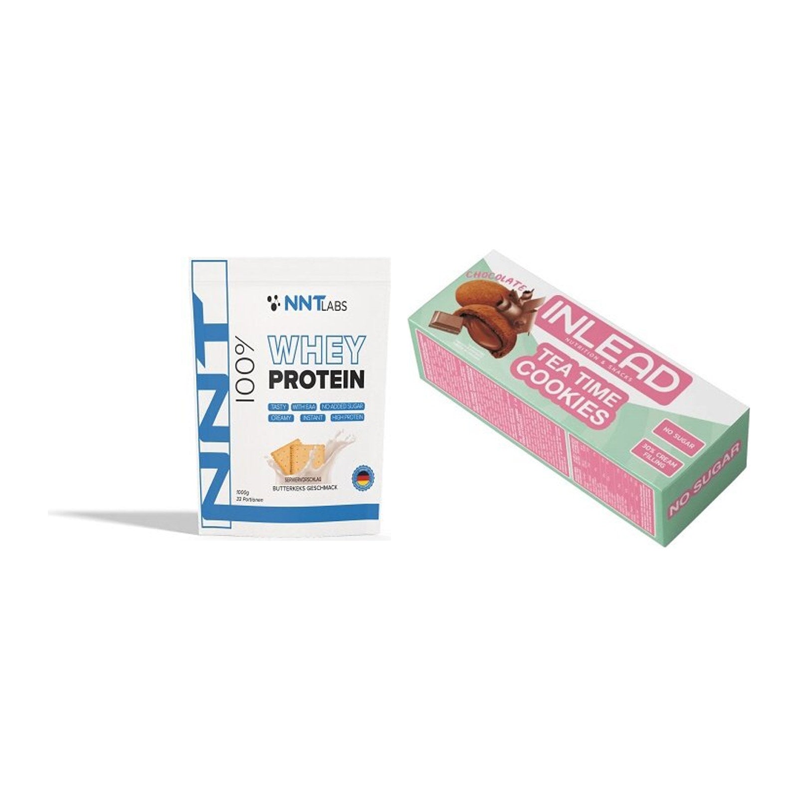 Schokolade Geschmacks-Duo: NNT Whey + 2× INLEAD Tea Time Cookies – alle enthaltenen Artikel