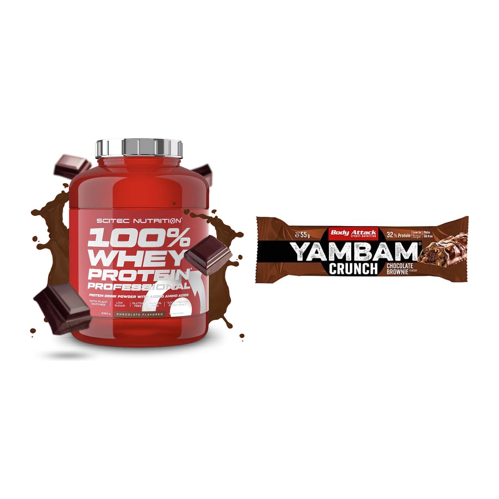Schokolade Geschmacks-Duo: Scitec 100% Whey + 2× Body Attack YAMBAM – alle enthaltenen Artikel