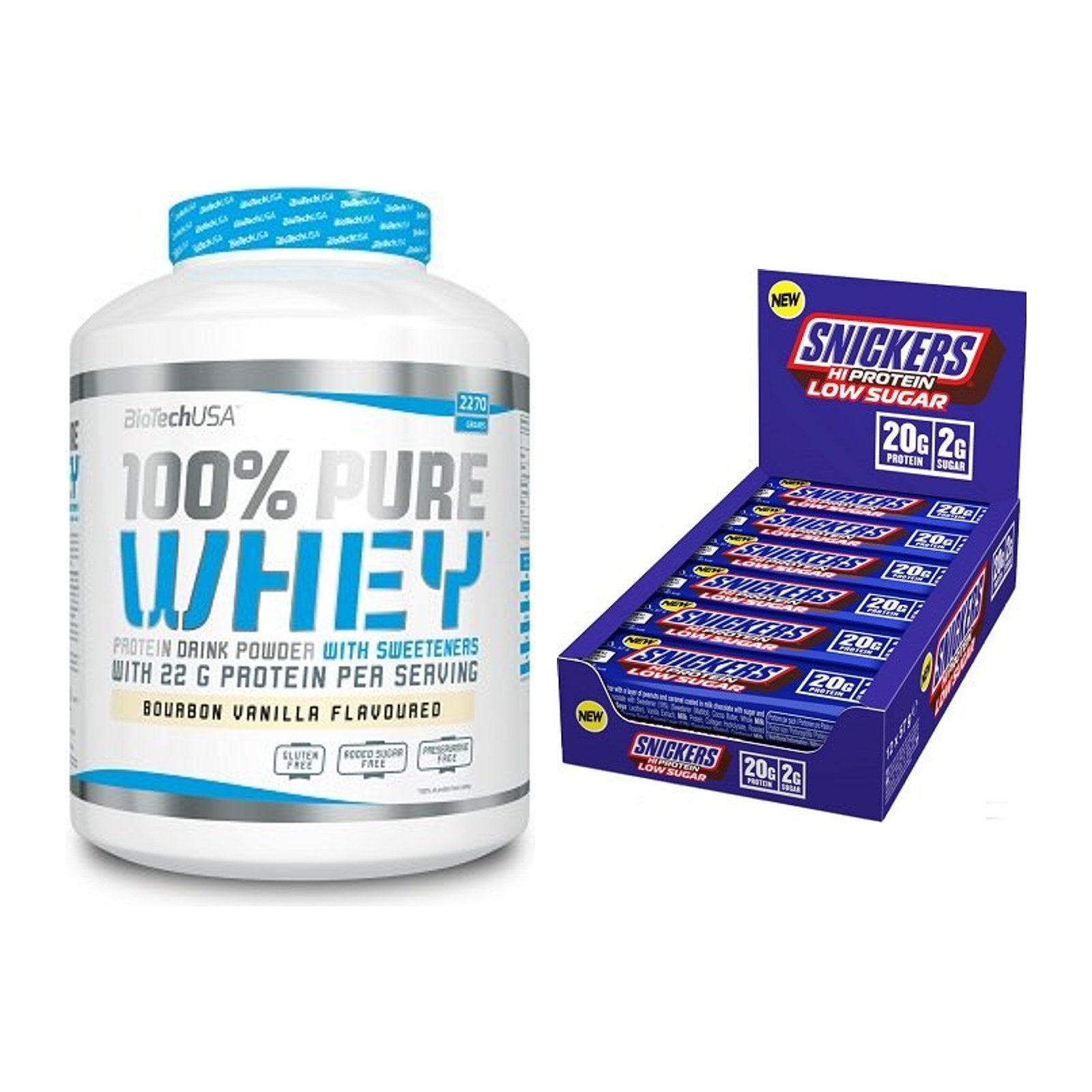 Schokolade Geschmacks-Duo: BioTech 100% Pure + 2× Snickers LOW SUGAR – alle enthaltenen Artikel