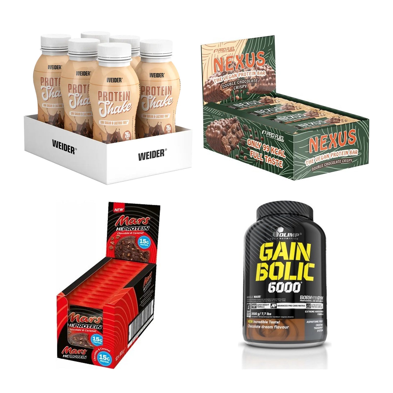 Schokolade Sorten-Großset: Weider PROTEIN + ProFuel Nexus + 2 weitere – alle enthaltenen Artikel