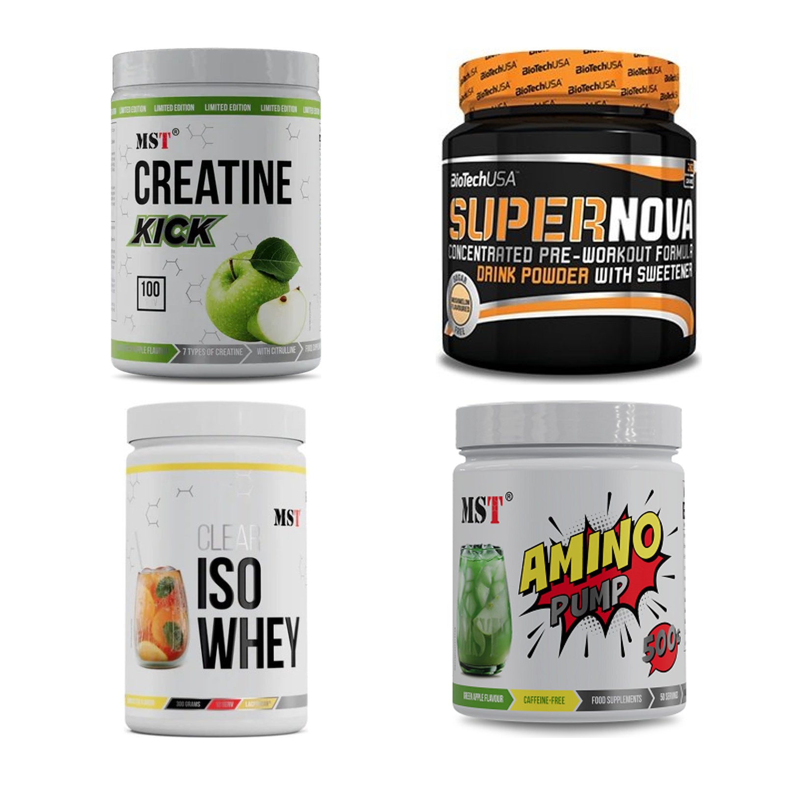 Apfel Sorten-Großset: MST Creatine + BioTech Supernov + 2 weitere – alle enthaltenen Artikel