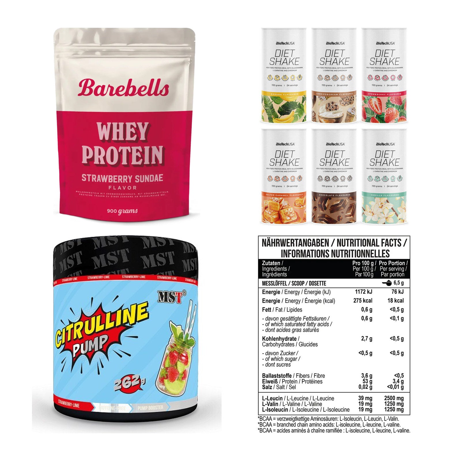 Erdbeere Sorten-Großset: Barebells Whey + BioTech Diet + 2 weitere – alle enthaltenen Artikel