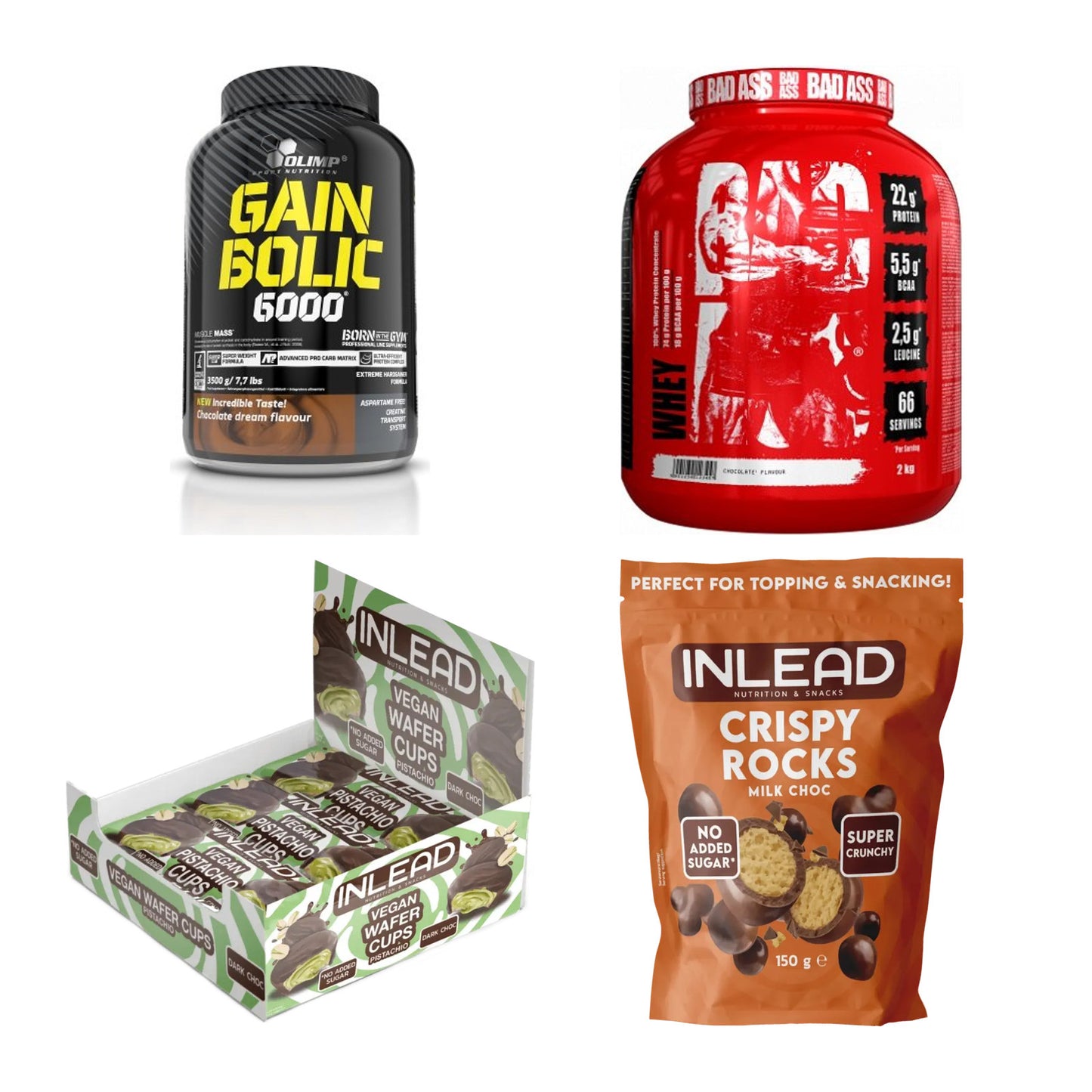 Schokolade Sorten-Großset: Olimp Gain + BAD ASS Whey + 2 weitere – alle enthaltenen Artikel