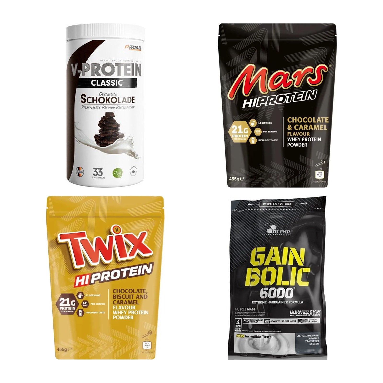 Schokolade Sorten-Großset: ProFuel VEGAN + Mars Protein + 2 weitere – alle enthaltenen Artikel