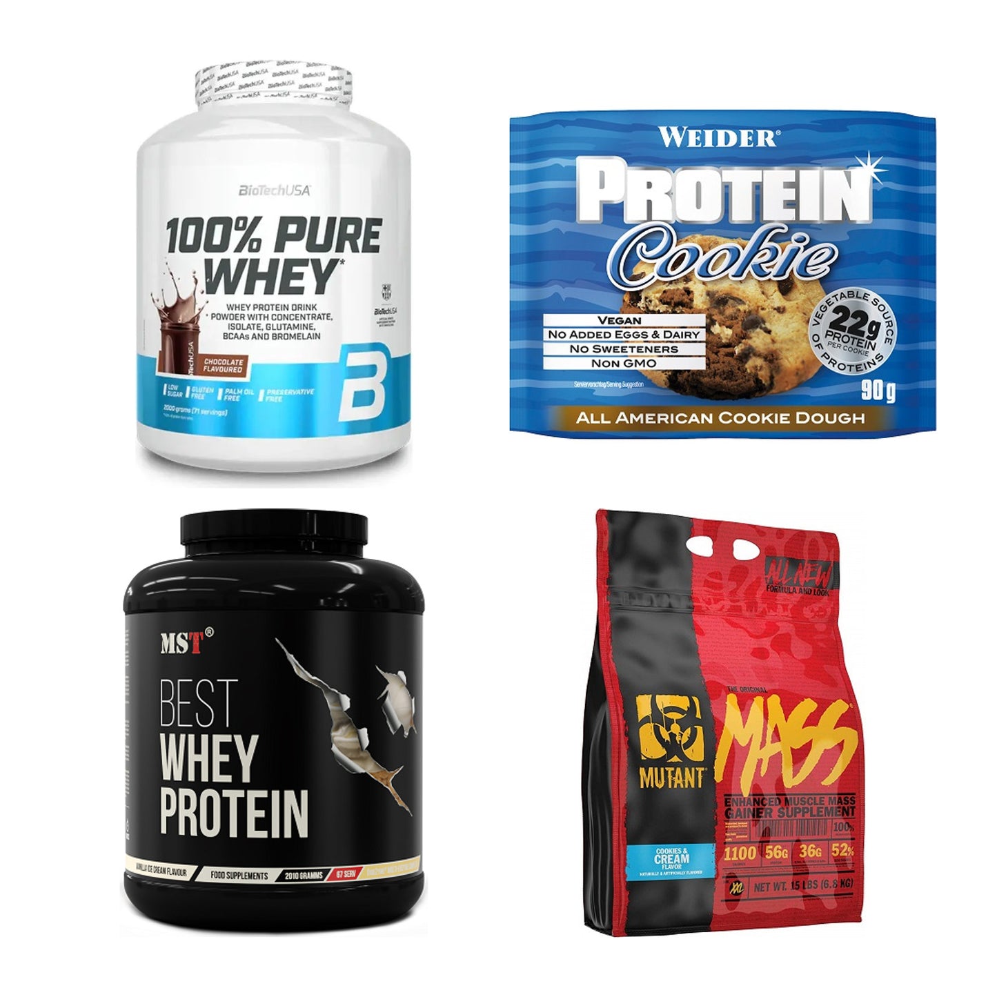 Keks Sorten-Großset: BioTech 100% Pure + Weider Protein + 2 weitere – alle enthaltenen Artikel