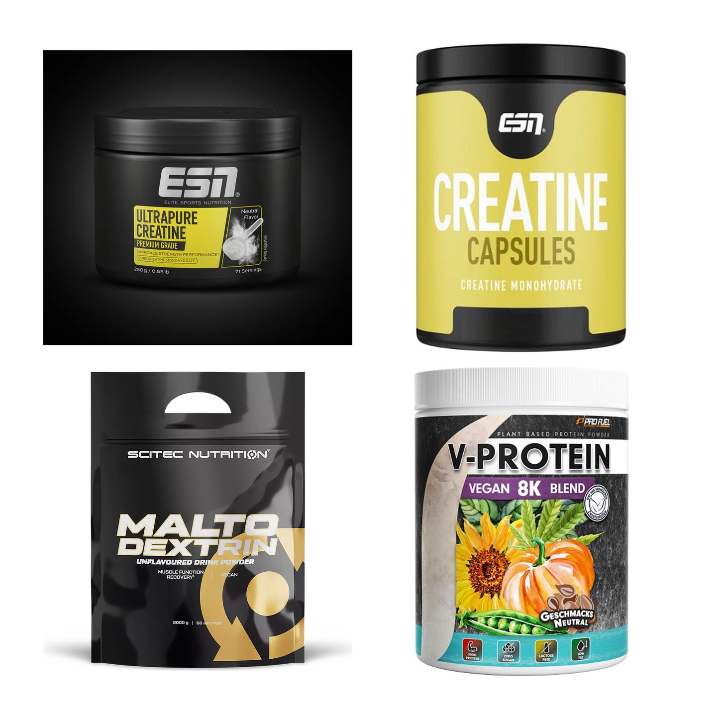 Neutral Sorten-Großset: ESN Ultrapure Creatine Monohydrate + 3 weitere – alle enthaltenen Artikel