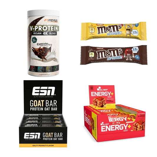 Erdnuss Sorten-Großset: ProFuel V-PROTE + M&M Protein Bar + 2 weitere – alle enthaltenen Artikel