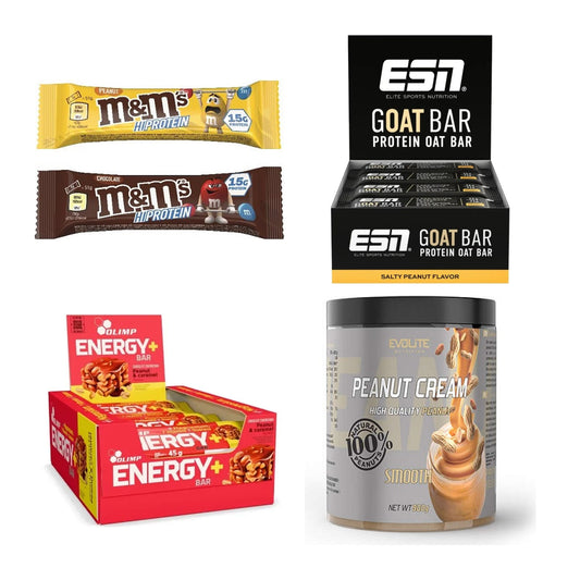 Erdnuss Sorten-Großset: M&M Protein Bar + ESN Goat Bar + 2 weitere – alle enthaltenen Artikel