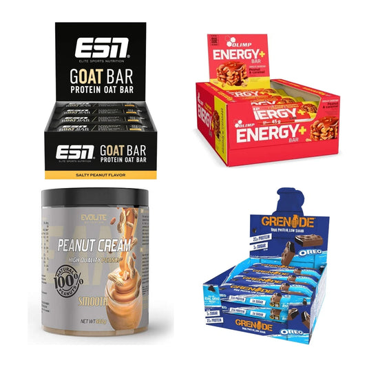 Erdnuss Sorten-Großset: ESN Goat Bar + Olimp Energy+ Bar + 2 weitere – alle enthaltenen Artikel