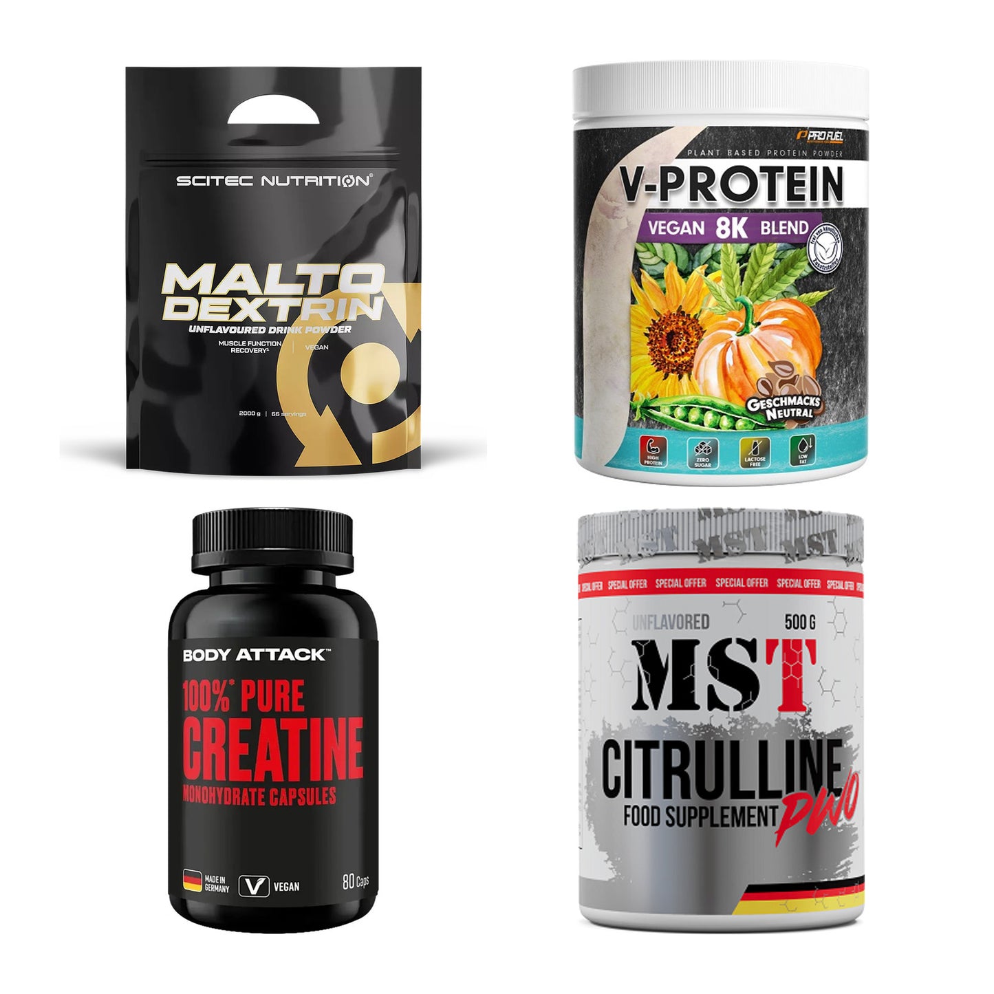 Neutral Sorten-Großset: Scitec Maltodex + ProFuel V-Prote + 2 weitere – alle enthaltenen Artikel