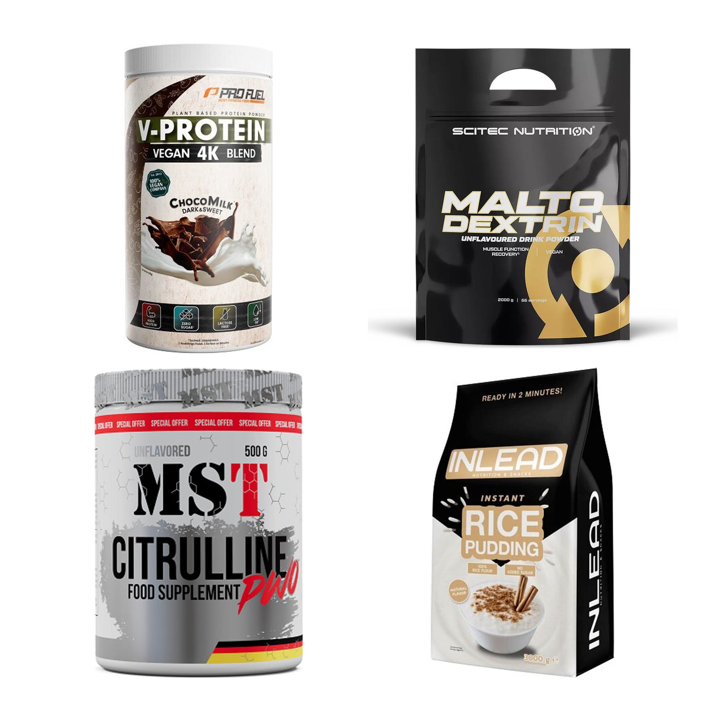 Neutral Sorten-Großset: ProFuel V-PROTE + Scitec Maltodex + 2 weitere – alle enthaltenen Artikel