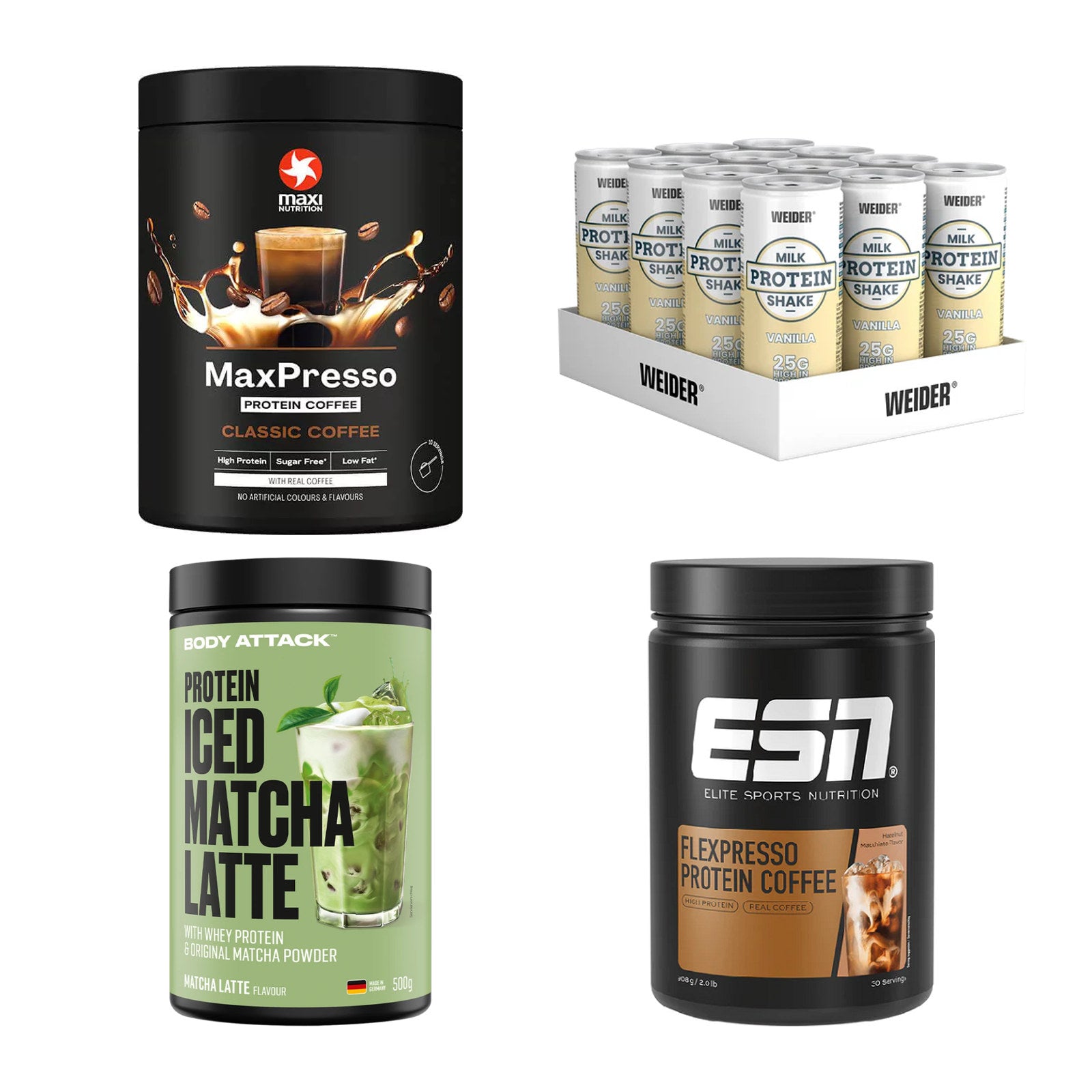 Kaffee Sorten-Großset: MaxiNutrition + Weider Protein + 2 weitere – alle enthaltenen Artikel