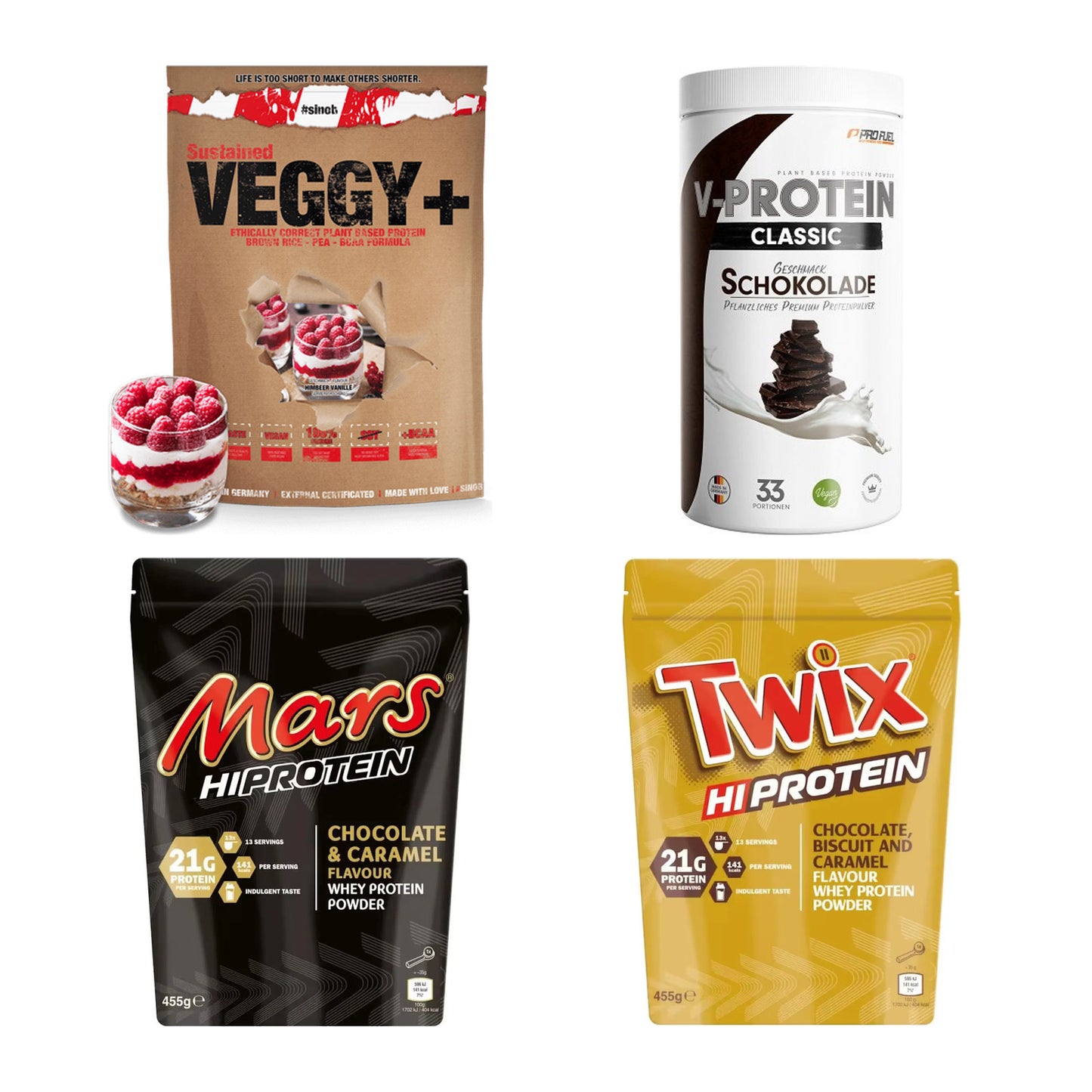 Schokolade Sorten-Großset: Sinob VEGGY + ProFuel VEGAN + 2 weitere – alle enthaltenen Artikel