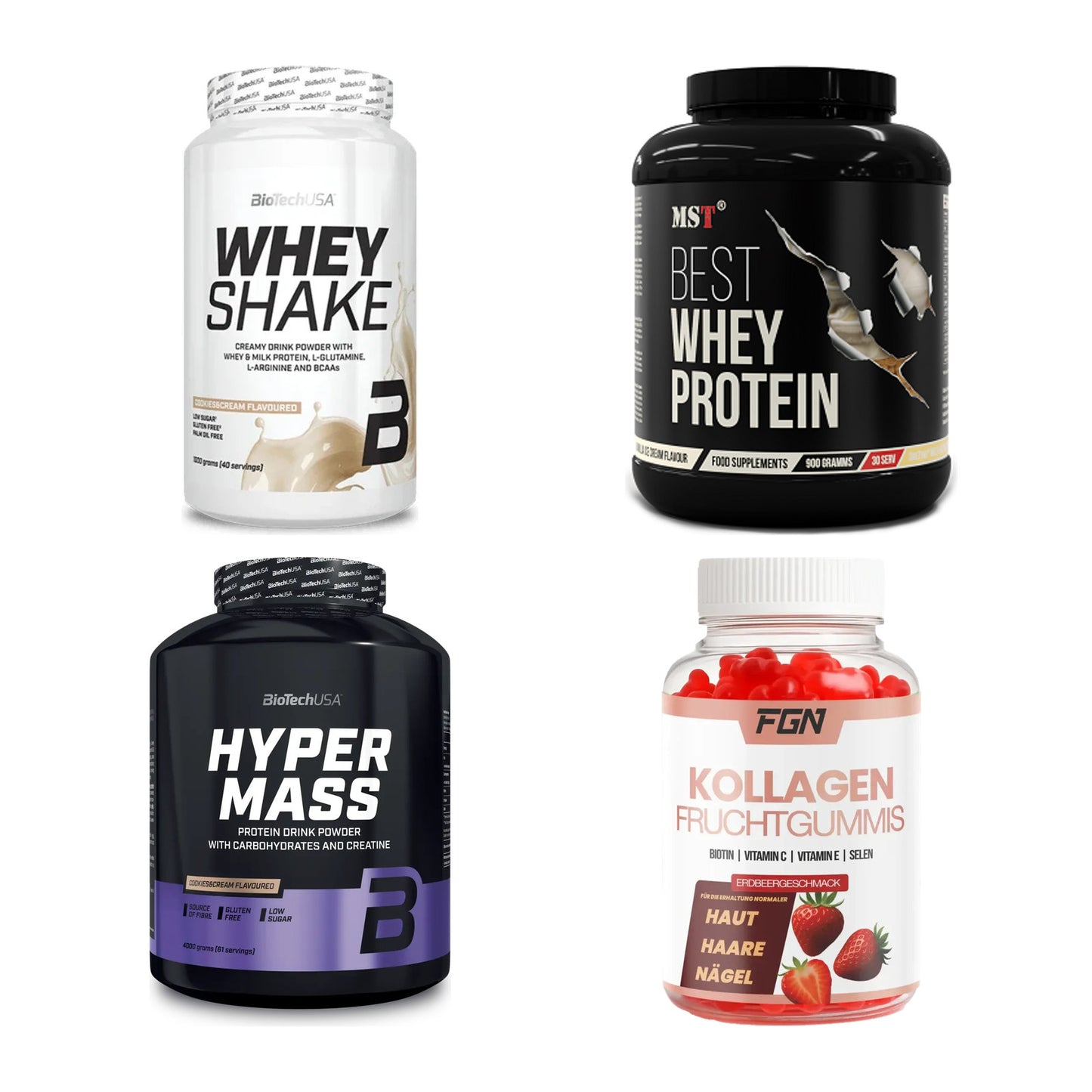 Erdbeere Sorten-Großset: BioTech Whey + MST Best Whey + 2 weitere – alle enthaltenen Artikel