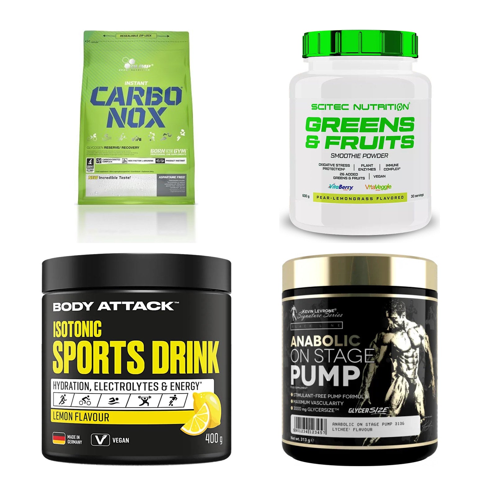 Zitrone Sorten-Großset: Olimp Carbo Nox + Scitec Greens + 2 weitere – alle enthaltenen Artikel