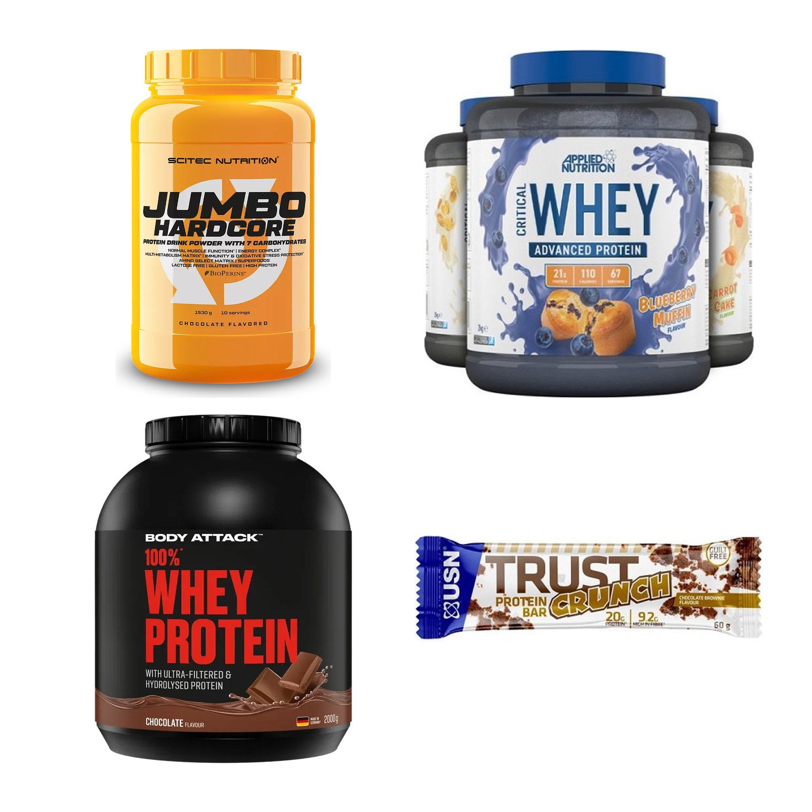 Schokolade Sorten-Großset: Scitec Jumbo + Applied Nutrit + 2 weitere – alle enthaltenen Artikel