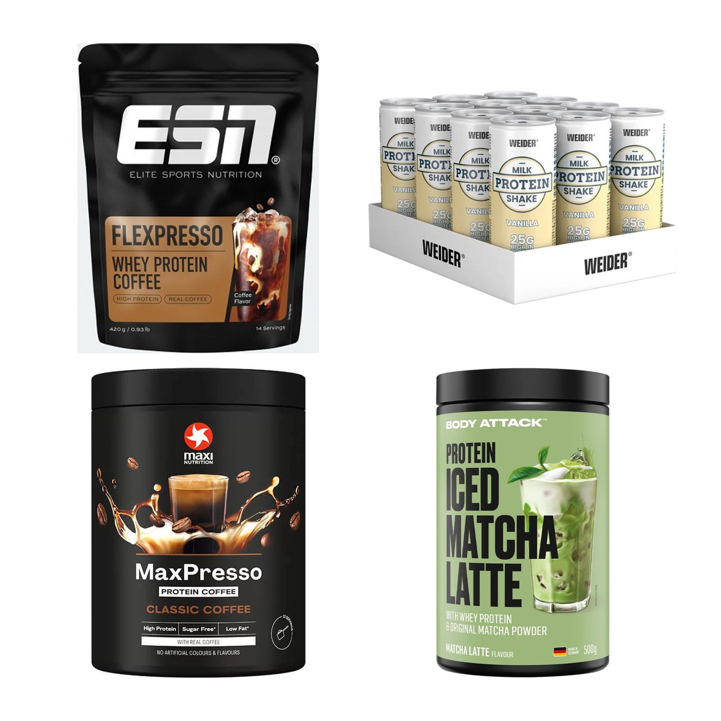 Kaffee Sorten-Großset: ESN Flexpresso + Weider Protein + 2 weitere – alle enthaltenen Artikel