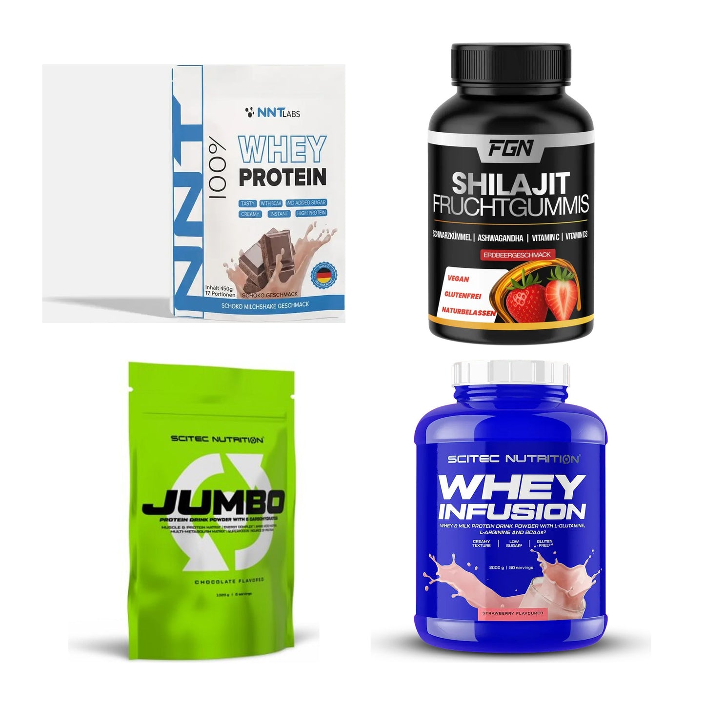 Erdbeere Sorten-Großset: NNT Whey + FGN Shilajit 60 + 2 weitere – alle enthaltenen Artikel