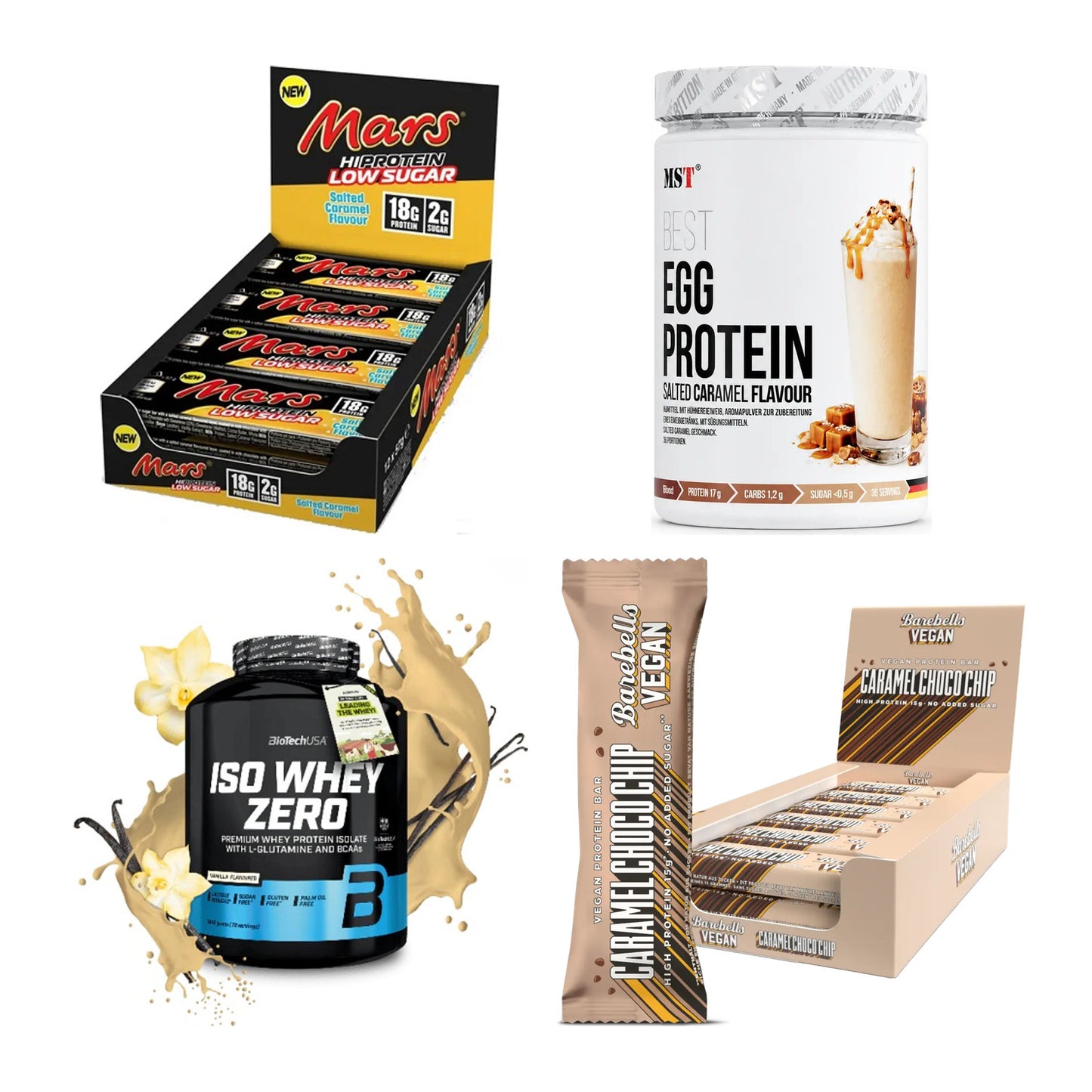 Karamell Sorten-Großset: Mars Low Sugar + MST EGG Protein + 2 weitere – alle enthaltenen Artikel