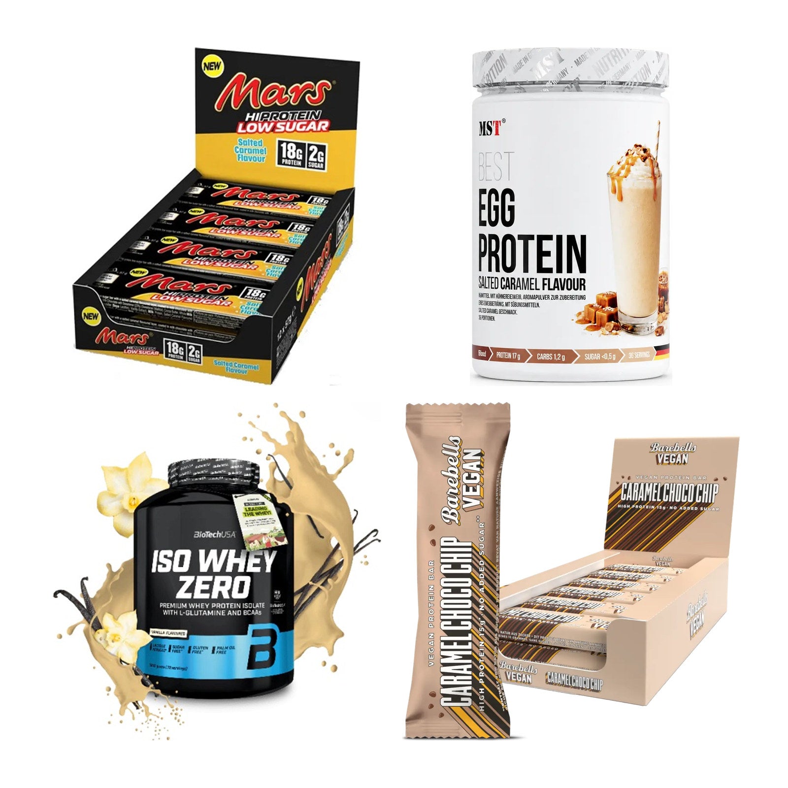 Karamell Sorten-Großset: Mars Low Sugar + MST EGG Protein + 2 weitere – alle enthaltenen Artikel