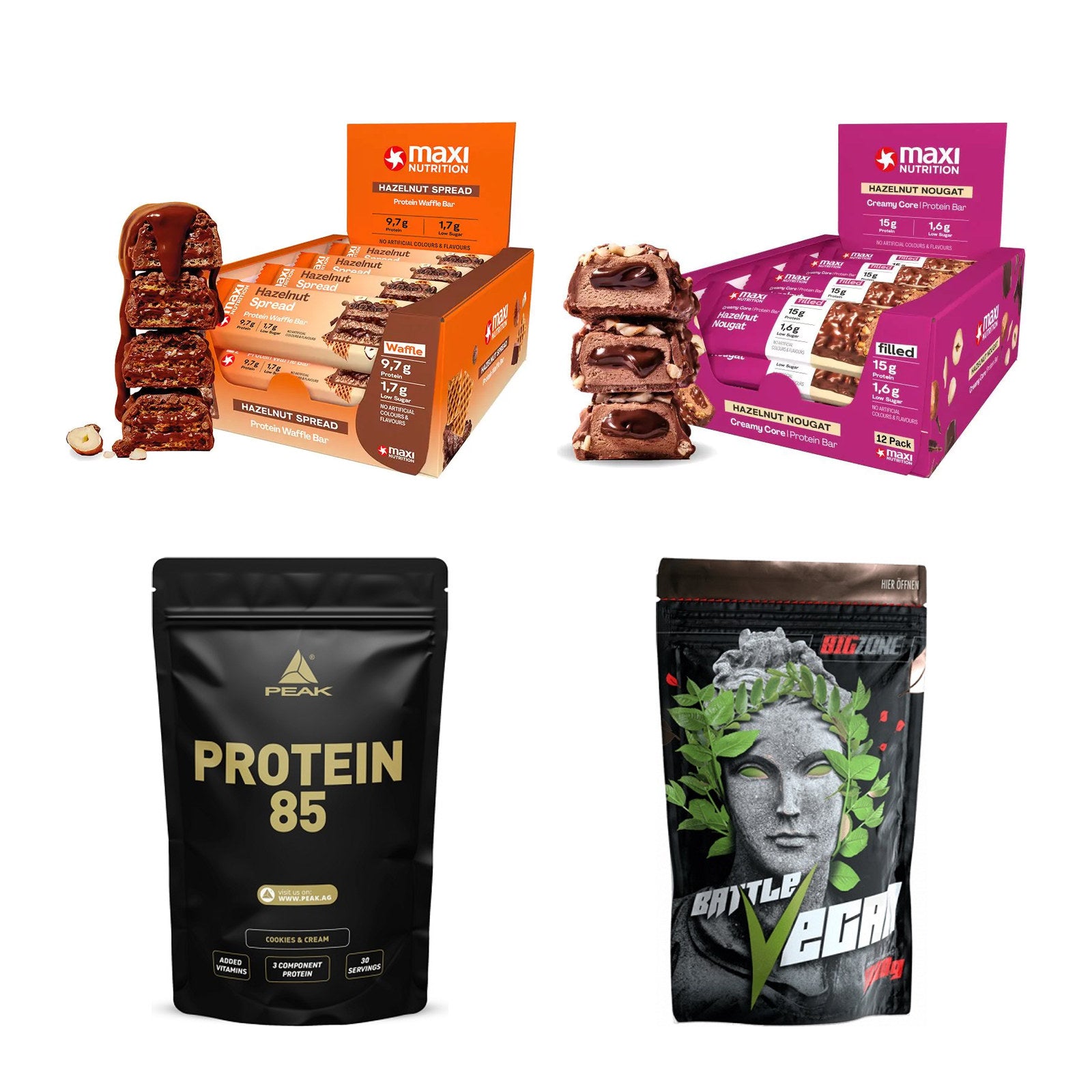 Haselnuss Sorten-Großset: MaxiNutrition Protein Waffle Bar + 3 weitere – alle enthaltenen Artikel