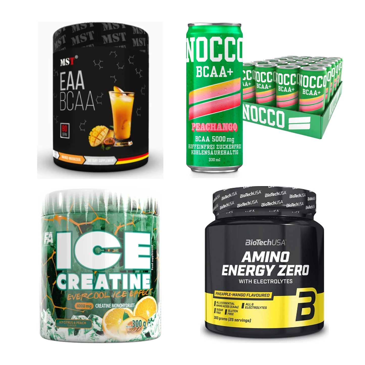 Pfirsich Sorten-Großset: MST EAA & BCAA + Nocco BCAA + 2 weitere – alle enthaltenen Artikel