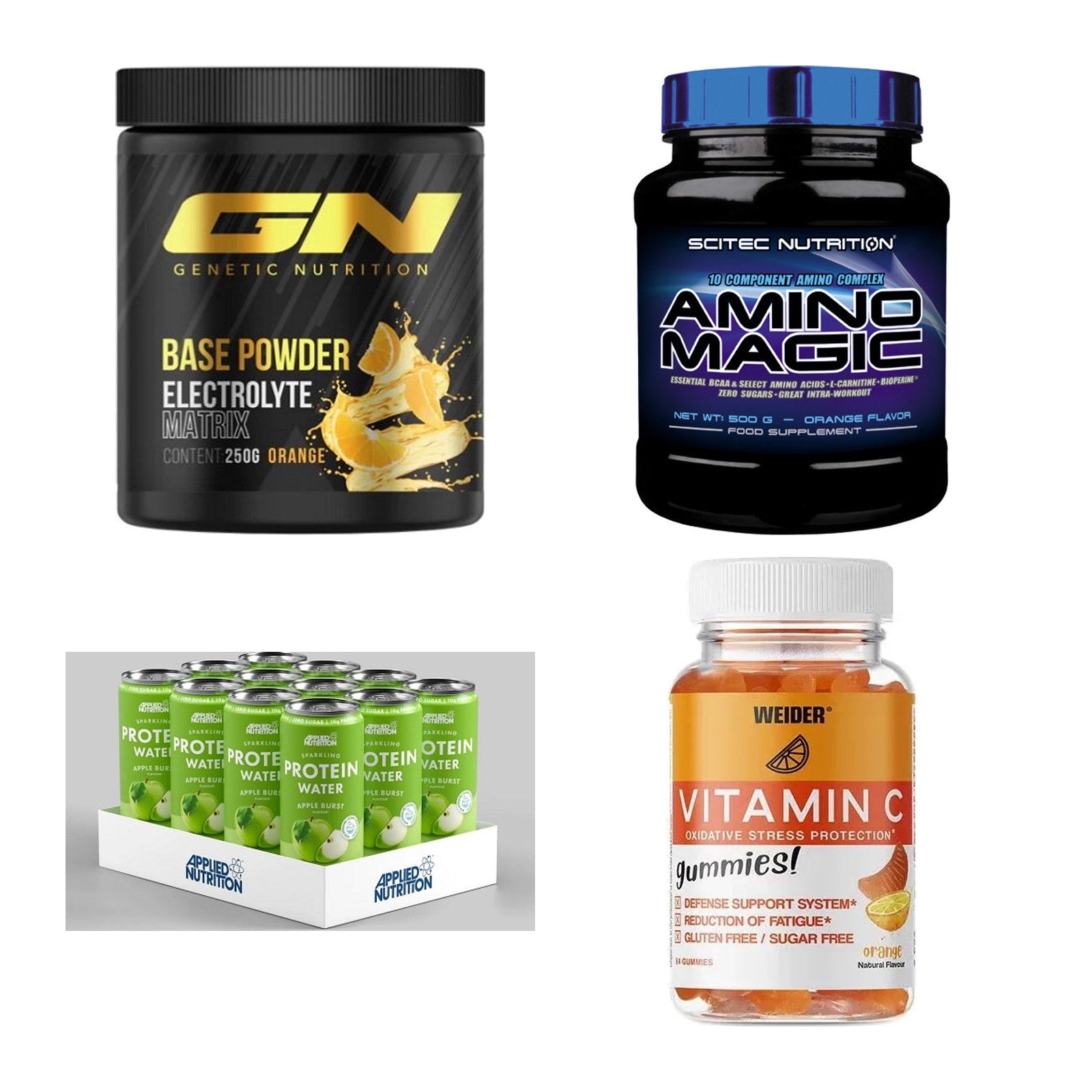 Orange Sorten-Großset: GN Base Powder + Scitec Amino Magic + 2 weitere – alle enthaltenen Artikel