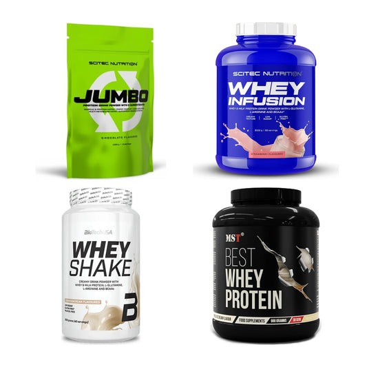 Erdbeere Sorten-Großset: Scitec Jumbo + Scitec Whey + 2 weitere – alle enthaltenen Artikel
