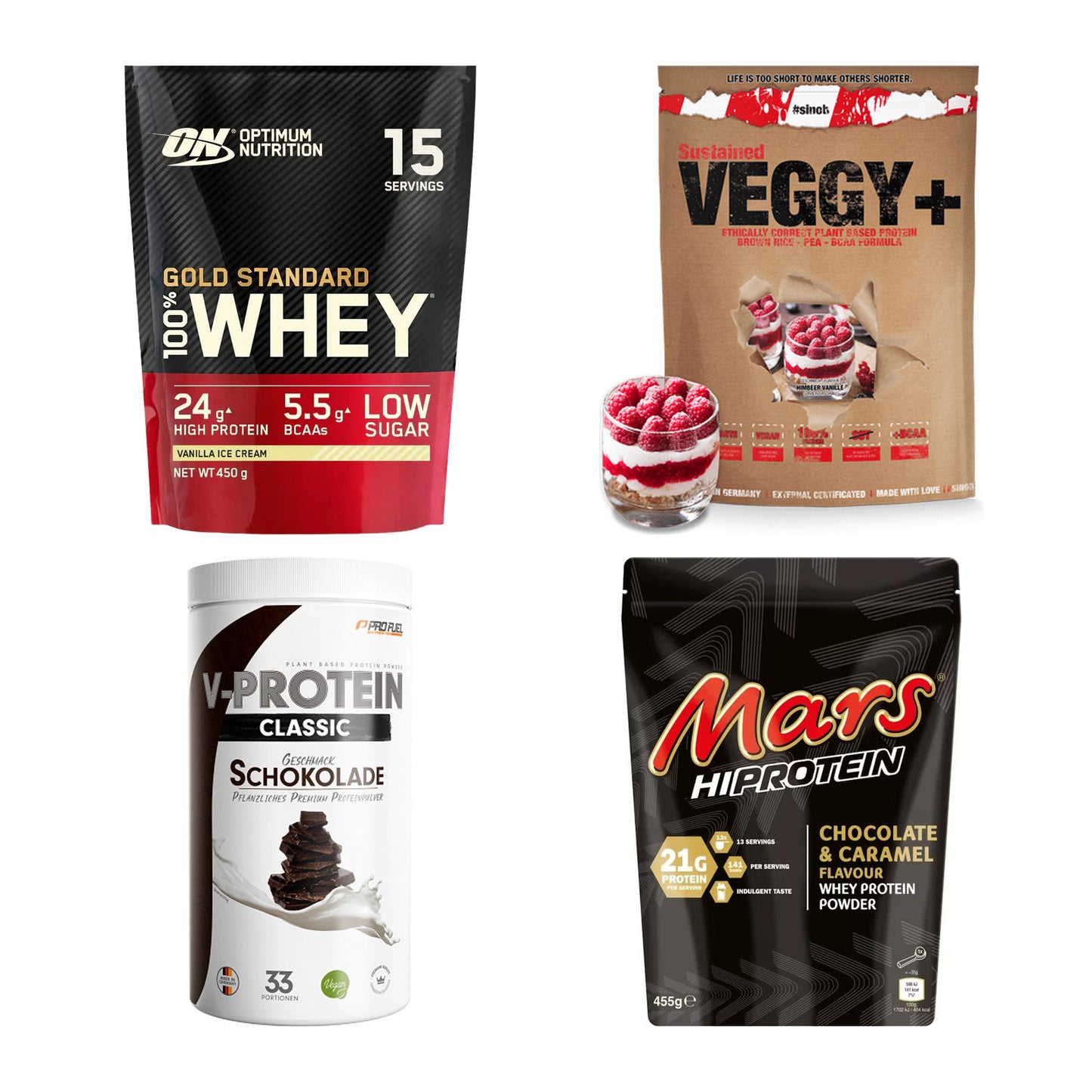 Schokolade Sorten-Großset: ON Whey Gold + Sinob VEGGY + 2 weitere – alle enthaltenen Artikel