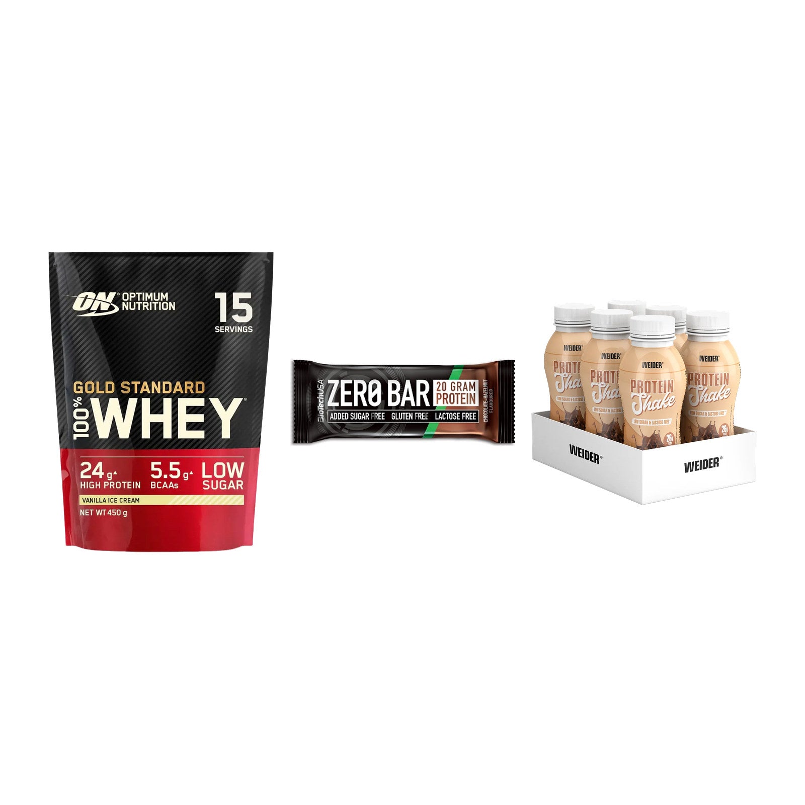 Schokolade Geschmacks-Trio: ON Whey Gold + 3× BioTech Zero + 1 weitere – alle enthaltenen Artikel