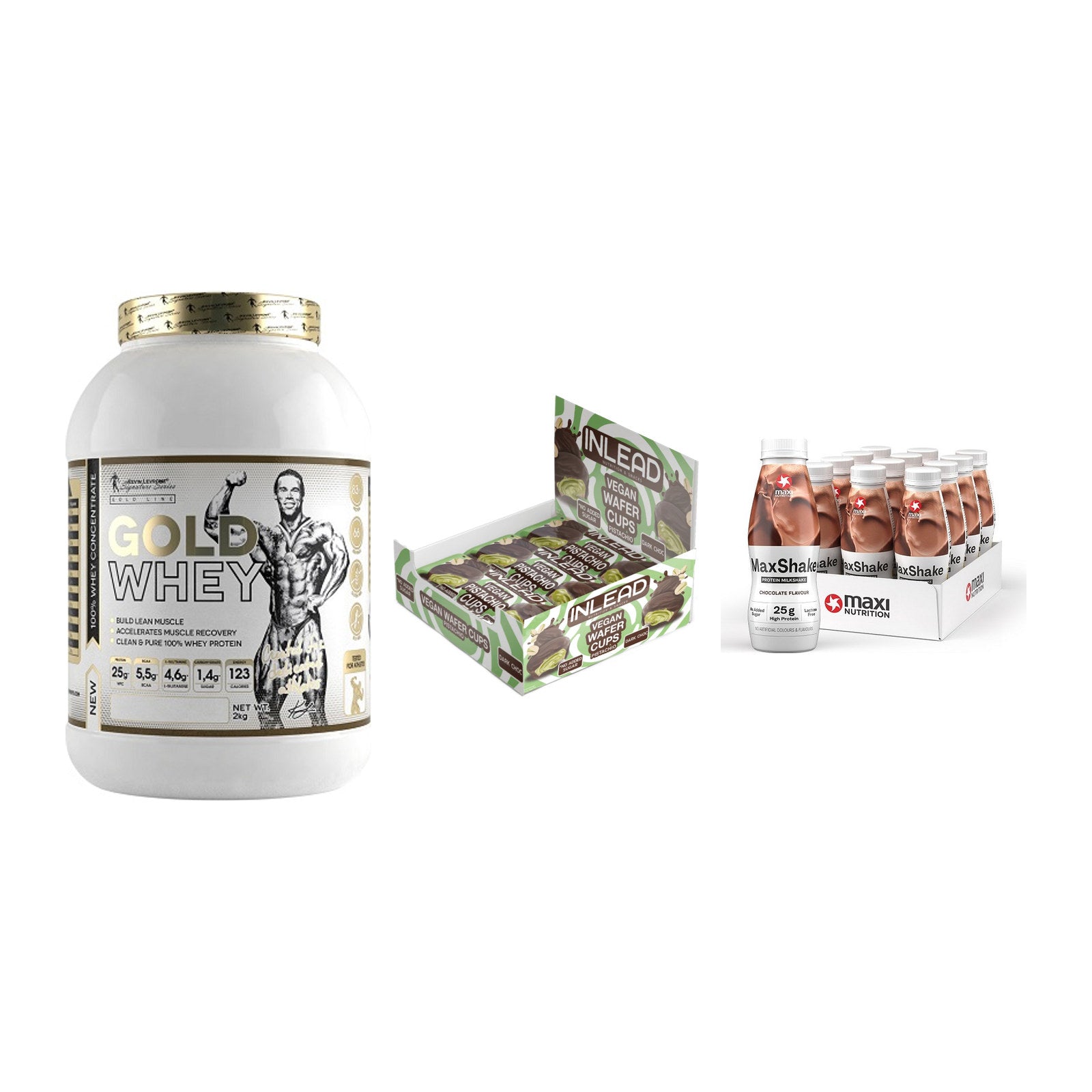 Schokolade Geschmacks-Trio: Kevin Levrone Gold Whey + 2 weitere – alle enthaltenen Artikel
