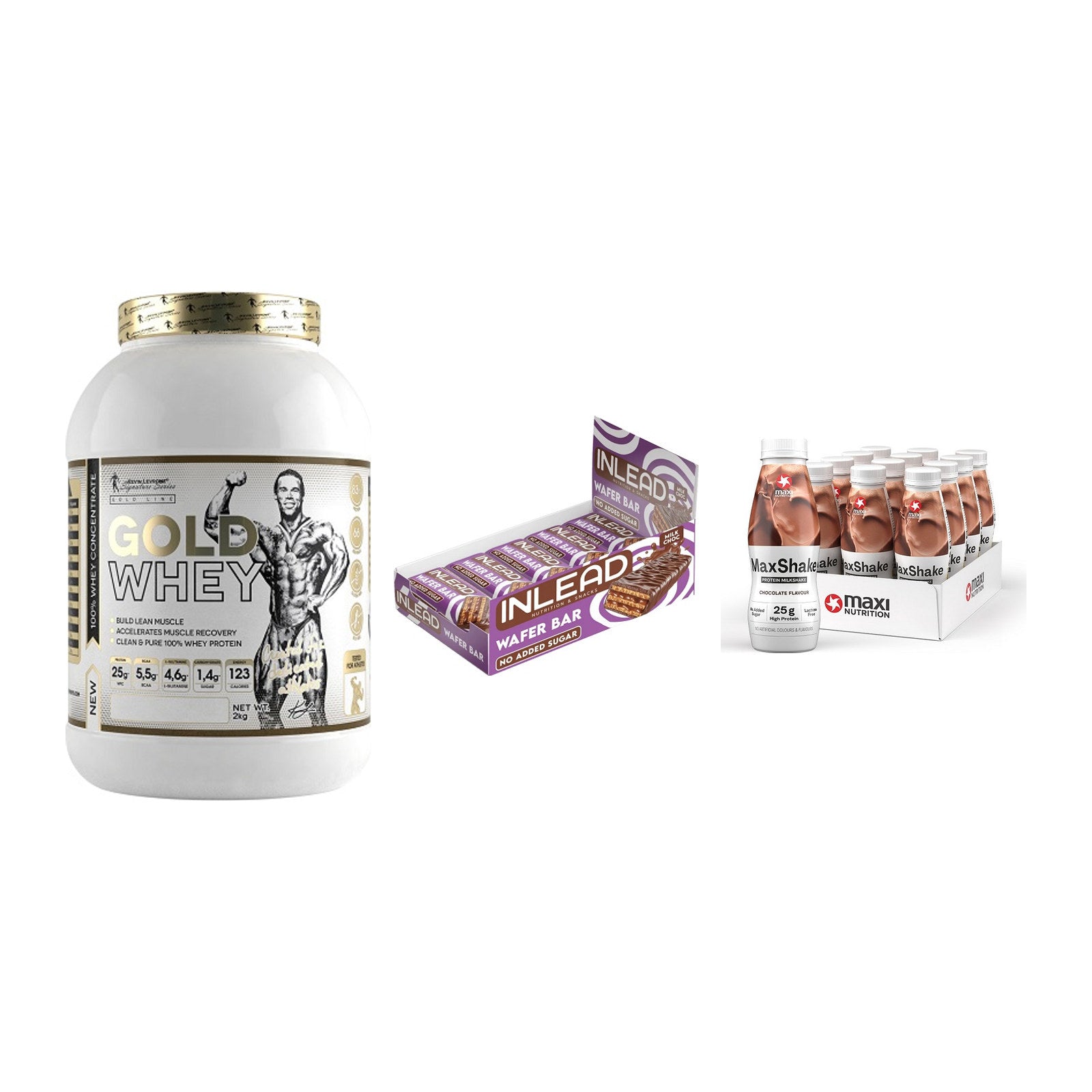 Schokolade Geschmacks-Trio: Kevin Levrone Gold Whey + 2 weitere – alle enthaltenen Artikel
