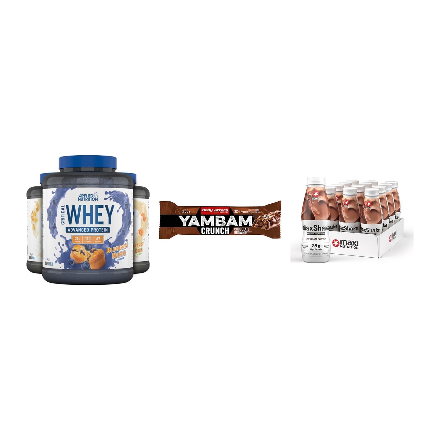 Schokolade Geschmacks-Trio: Applied + 3× Body Attack + 2× MaxiNutritio – alle enthaltenen Artikel