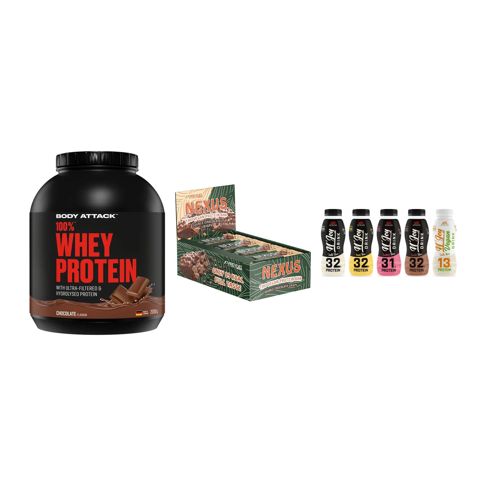 Schokolade Geschmacks-Trio: Body Attack + 3× ProFuel + 2× XXL Nutritio – alle enthaltenen Artikel