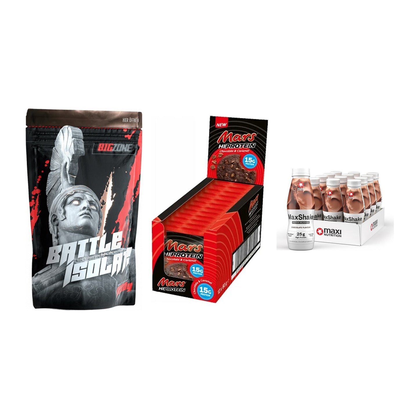 Schokolade Geschmacks-Trio: Big Zone + 3× Mars High + 2× MaxiNutritio – alle enthaltenen Artikel