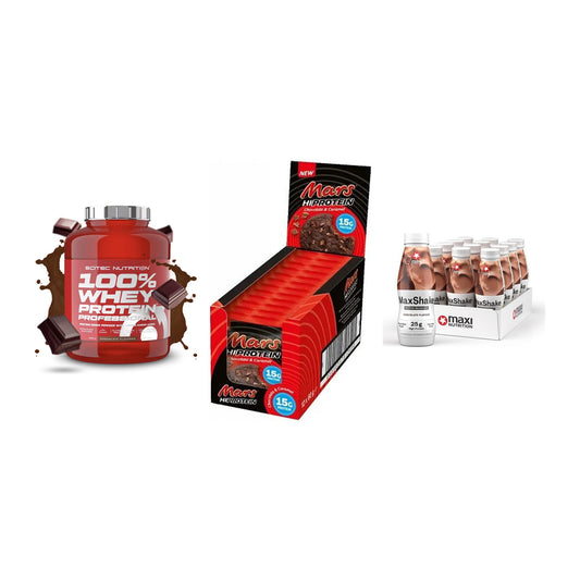 Schokolade Geschmacks-Trio: Scitec 100% + 3× Mars High + 1 weitere – alle enthaltenen Artikel
