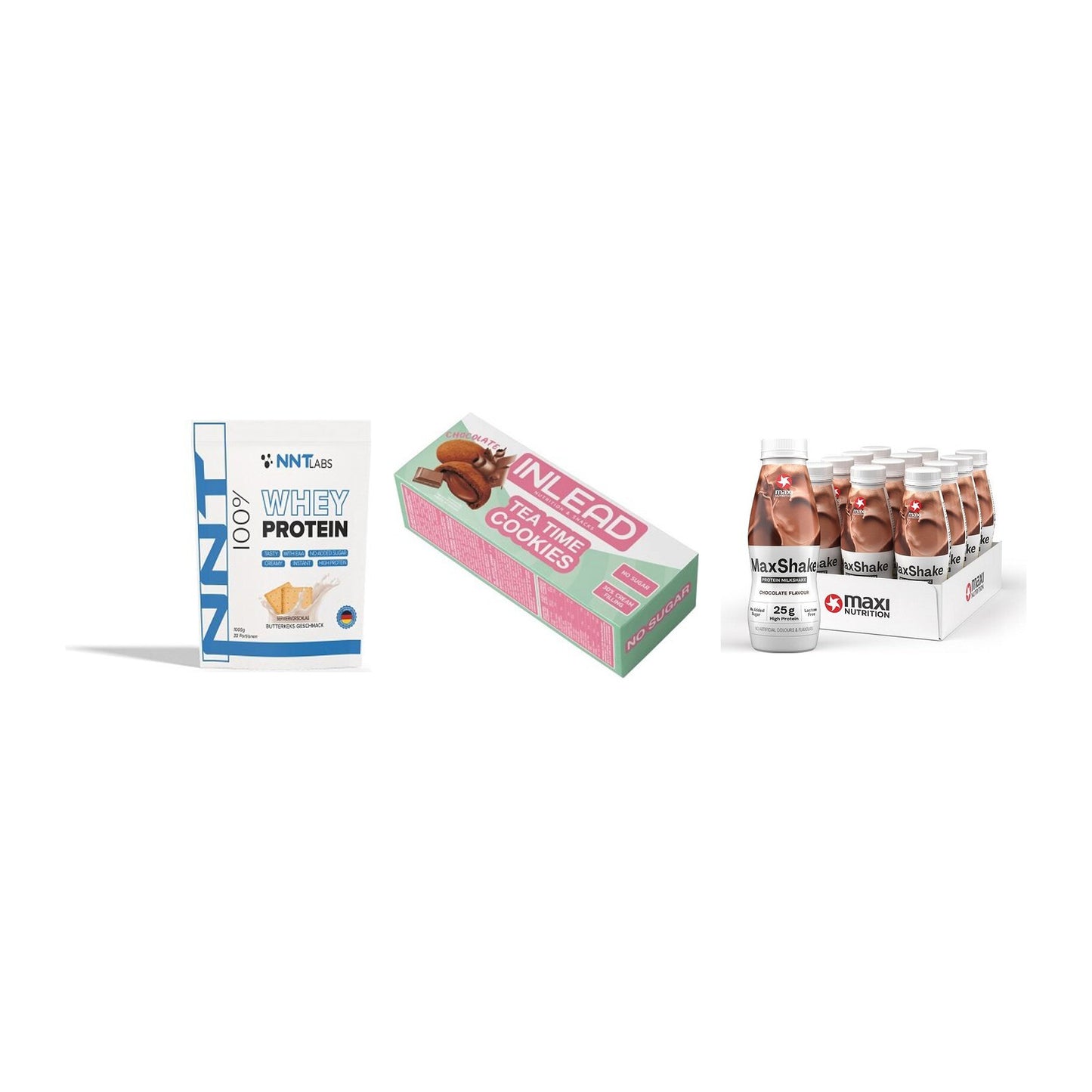 Schokolade Geschmacks-Trio: NNT Whey + 3× INLEAD Tea + 2× MaxiNutritio – alle enthaltenen Artikel