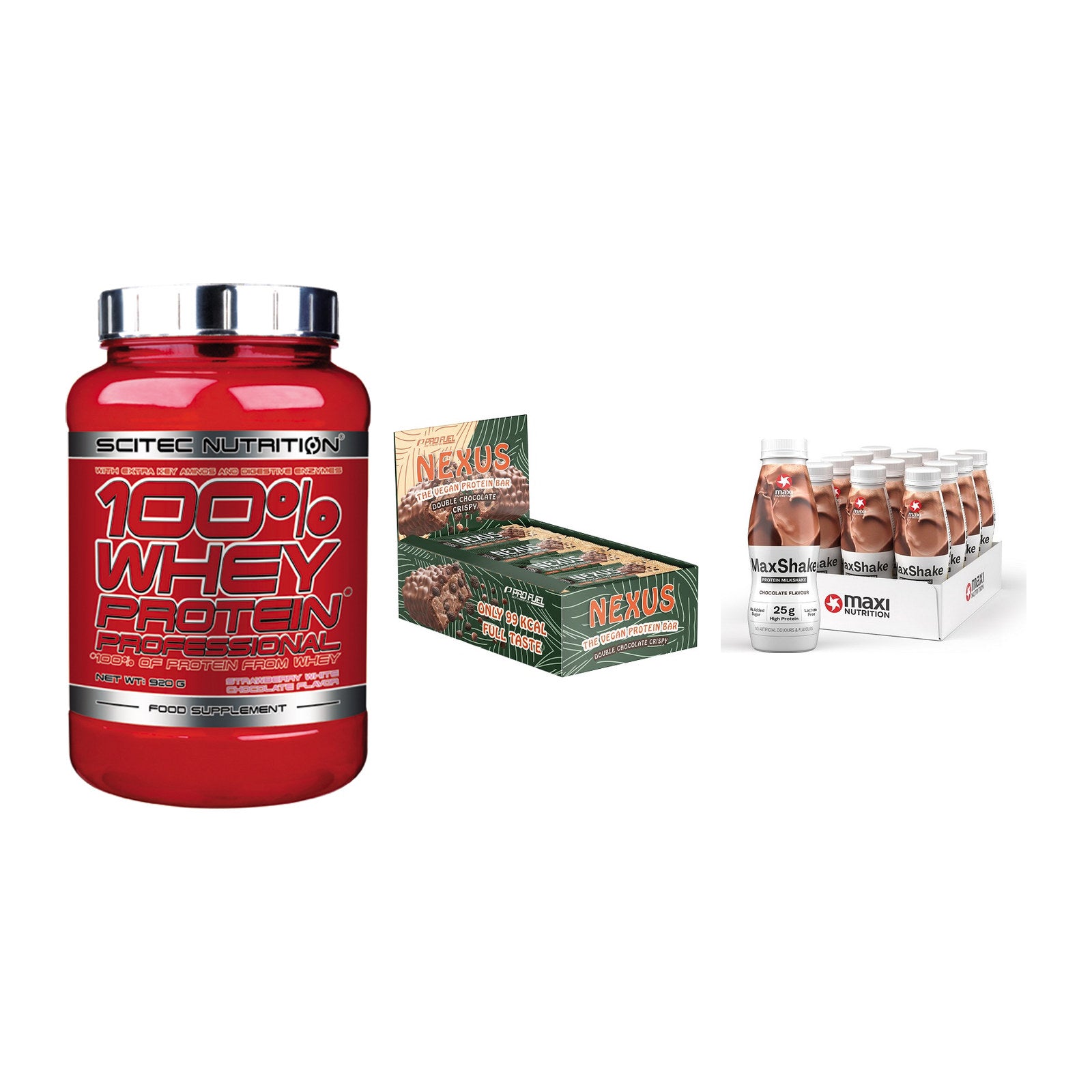 Schokolade Geschmacks-Trio: Scitec 100% + 3× ProFuel + 2× MaxiNutritio – alle enthaltenen Artikel