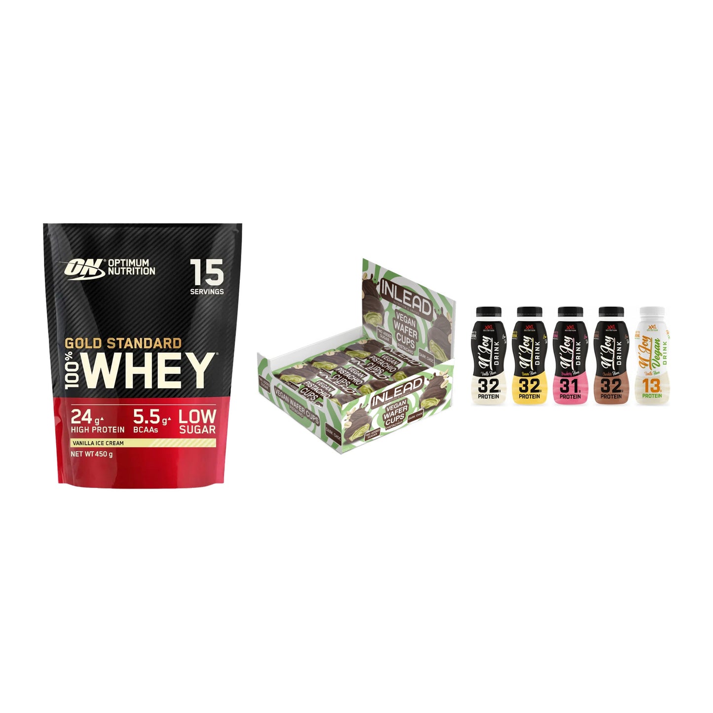 Schokolade Geschmacks-Trio: ON Whey Gold + 3× INLEAD Wafer + 1 weitere – alle enthaltenen Artikel