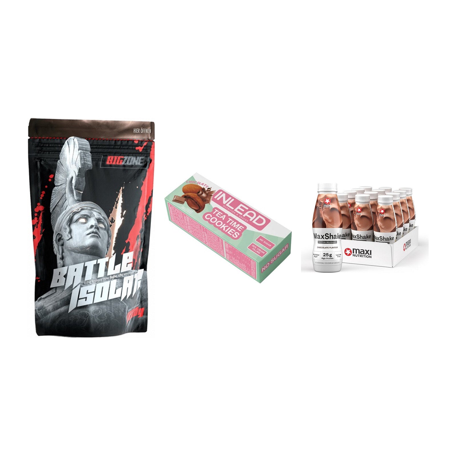 Schokolade Geschmacks-Trio: Big Zone + 3× INLEAD Tea + 2× MaxiNutritio – alle enthaltenen Artikel