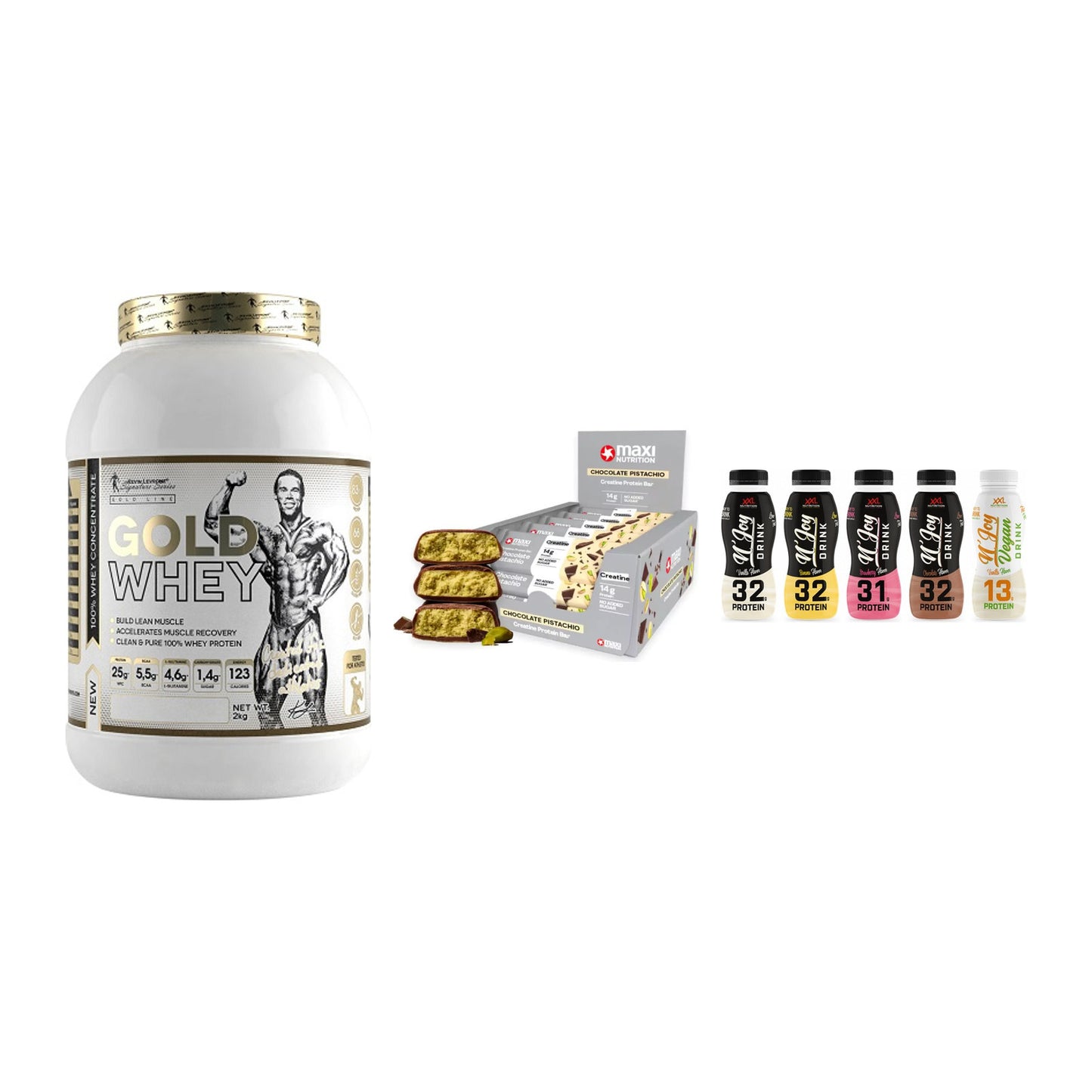 Schokolade Geschmacks-Trio: Kevin Levrone Gold Whey + 2 weitere – alle enthaltenen Artikel