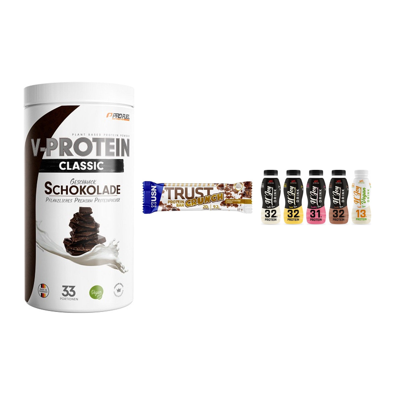 Schokolade Geschmacks-Trio: ProFuel + 3× USN TRUST + 2× XXL Nutritio – alle enthaltenen Artikel