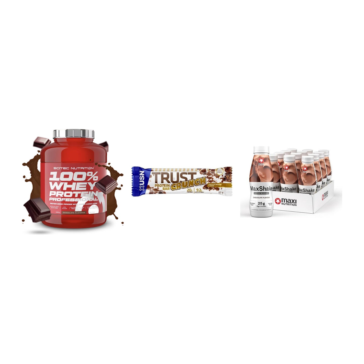 Schokolade Geschmacks-Trio: Scitec 100% + 3× USN TRUST + 1 weitere – alle enthaltenen Artikel