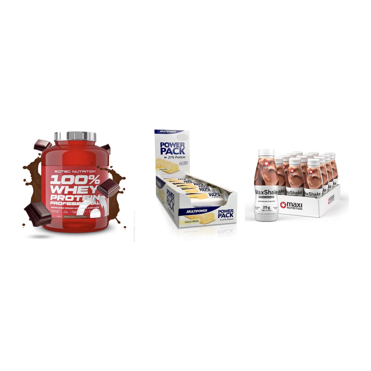 Schokolade Geschmacks-Trio: Scitec 100% + 3× Multipower + 1 weitere – alle enthaltenen Artikel