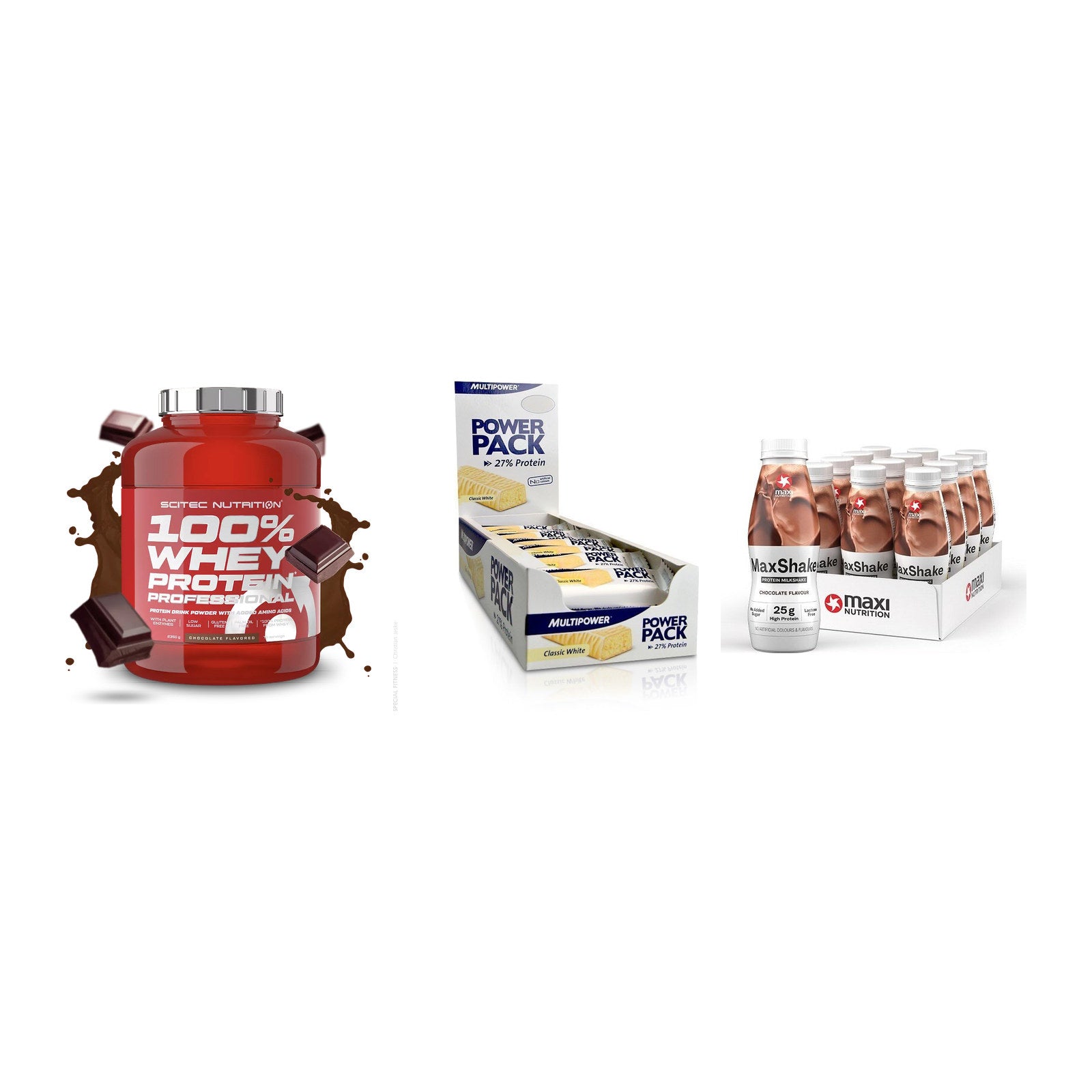 Schokolade Geschmacks-Trio: Scitec 100% + 3× Multipower + 1 weitere – alle enthaltenen Artikel